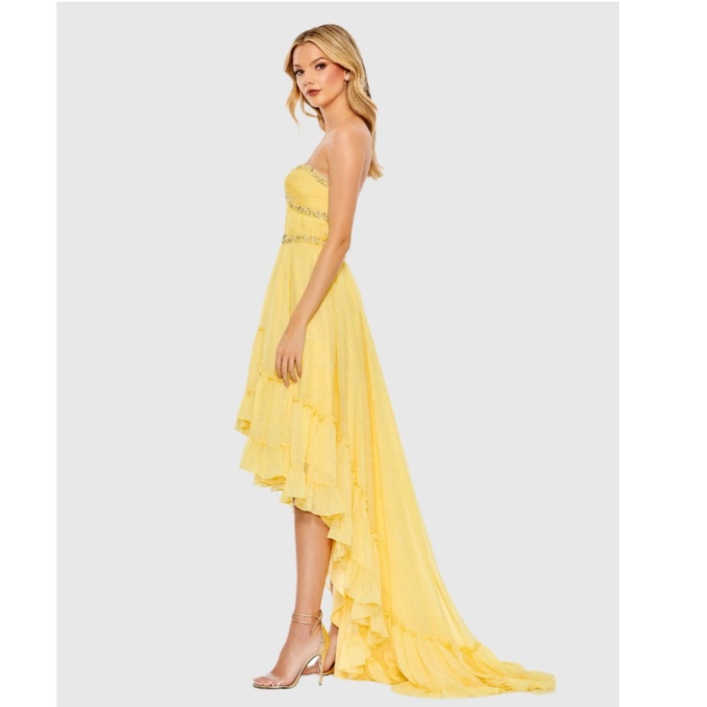 Mac Duggal Lemon Yellow Beaded High Low Chiffon Gown NWT - Picture 3 of 8